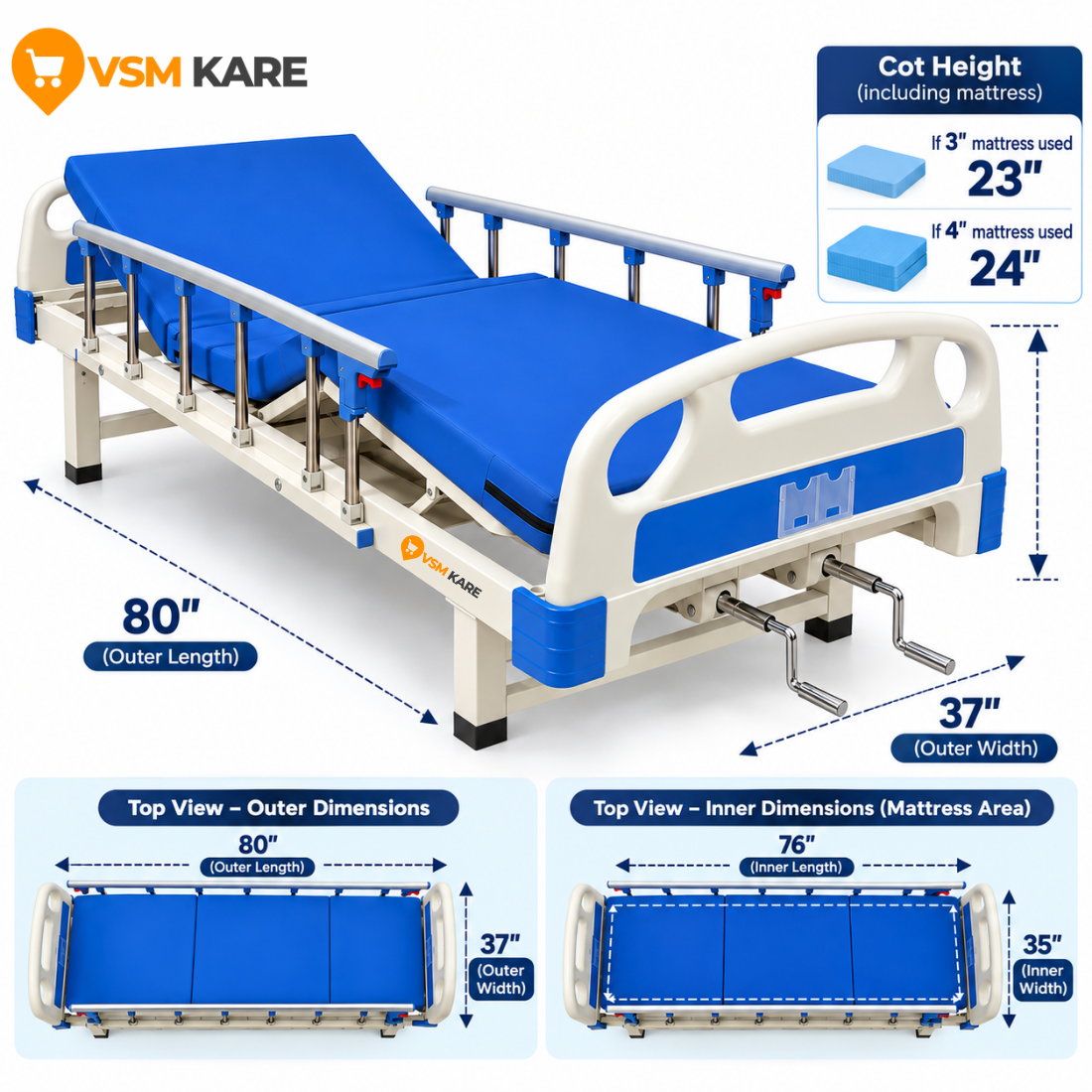 Premium Double fowler Cot for Home/Hospital with Side railing & IV Stand (Manual Cots)