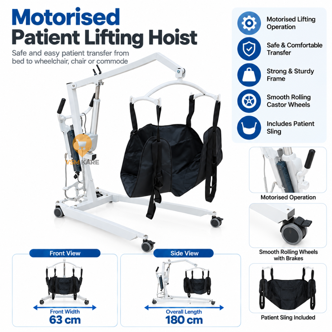 Motorised Patient Lifting Hoist – Adjustable Transfer Aid with Remote Control