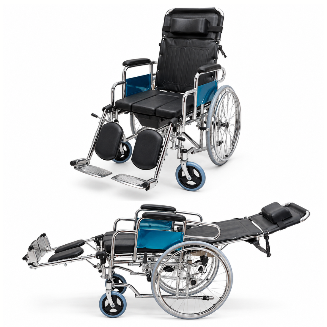 Recliner Wheelchair with U cut Commode Seat, Foldable Recliner Bed type Wheelchair, with Attender Brake
