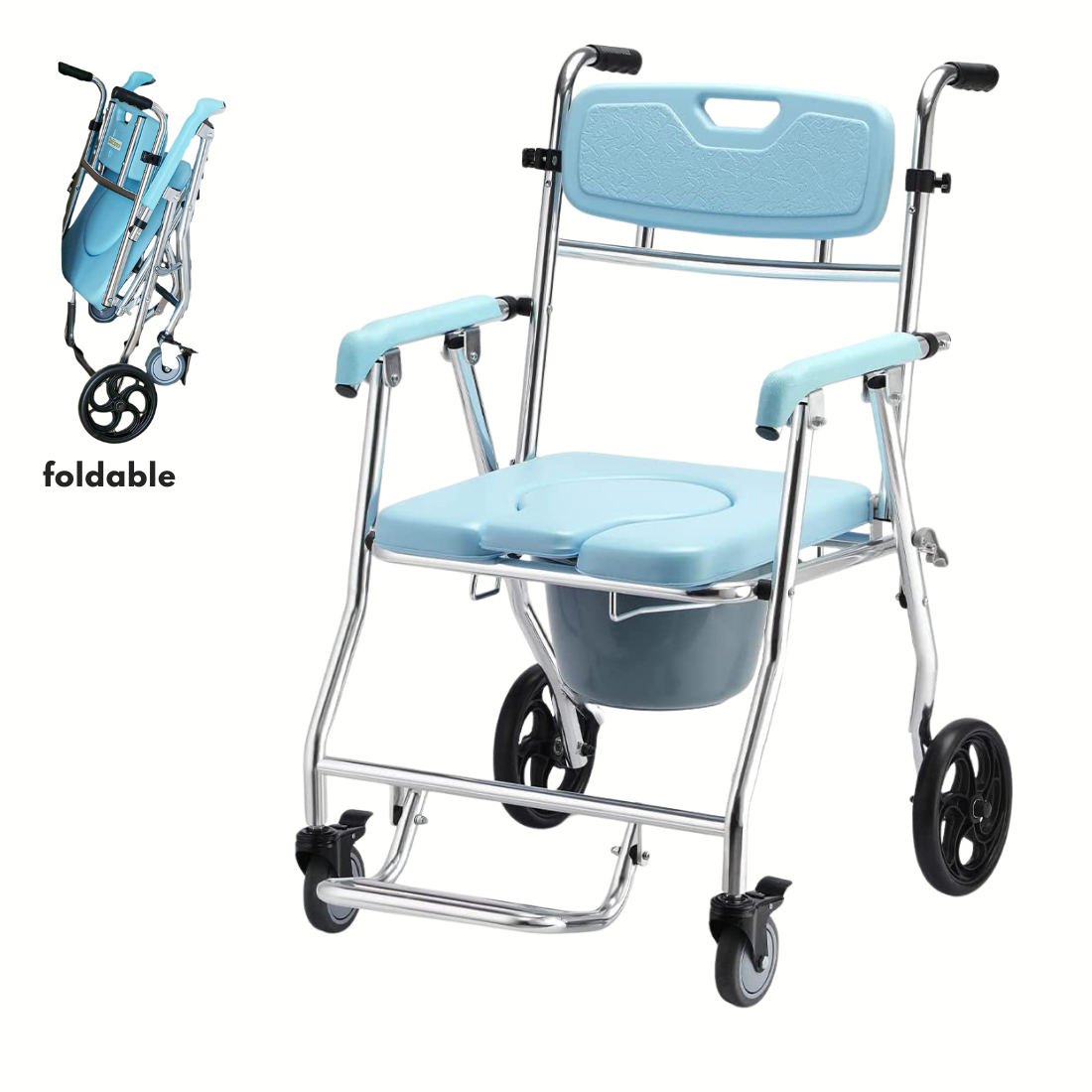 Foldable Shower Wheelchair with U Cut Seat Commode, Easy Portable Commode Wheelchair, Aluminium