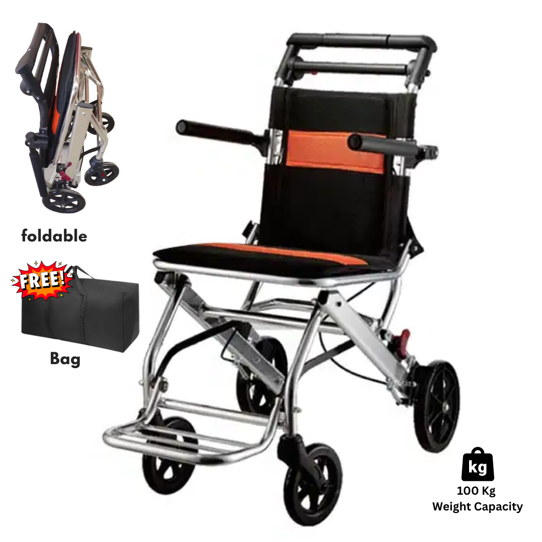 Foldable & Compact Wheelchair with Flip up Side Handles, Brakes