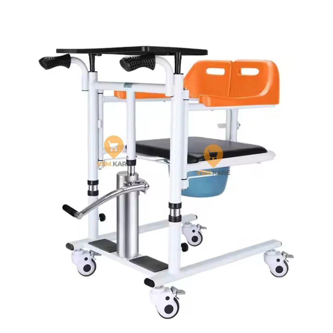 Lift & Transfer Wheel chair for bedridden patient - Hydraulic (Easy Height Adjustable) with Commode, Food Tray