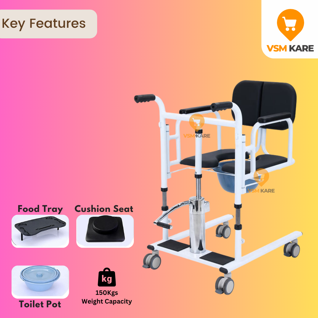 Patient Lift & Transfer Wheel chair - Hydraulic (Easy Height Adjustable) with Commode, Food Tray