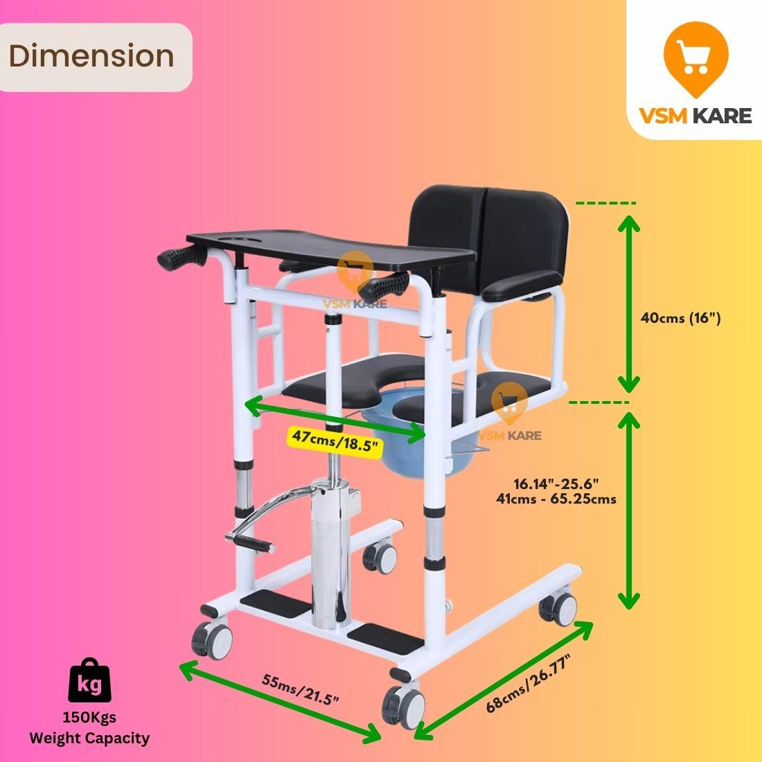 Patient Lift & Transfer Wheel chair - Hydraulic (Easy Height Adjustable) with Commode, Food Tray
