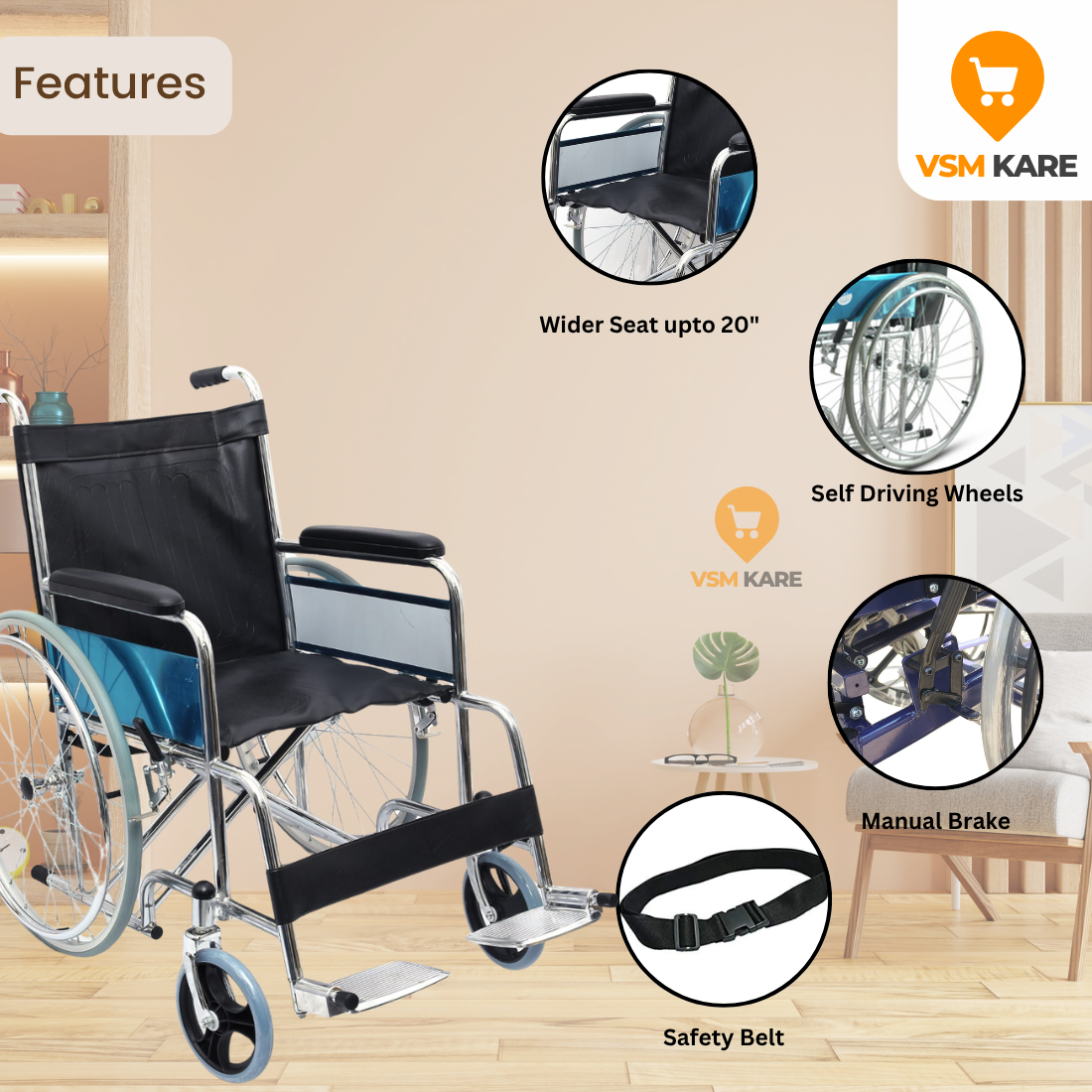 Heavy Duty Foldable Wheelchair with weight capacity of upto 130kgs, wider seats upto 20"