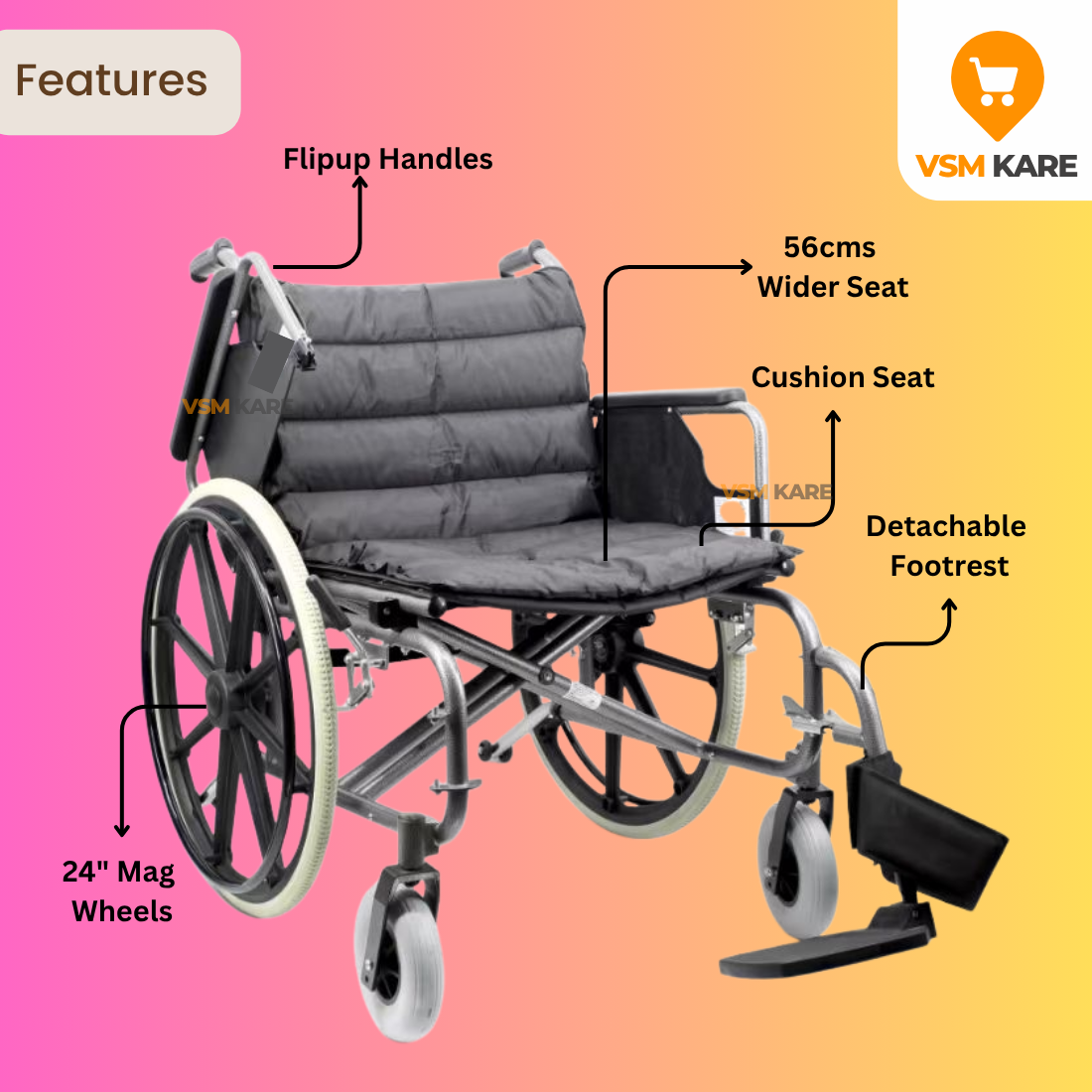 125 கிலோ வரை எடையுள்ள கனரக மடிக்கக்கூடிய சக்கர நாற்காலி, பிரிக்கக்கூடிய & அகலமான இருக்கைகள் கொண்ட ஆர்ம்ரெஸ்ட்