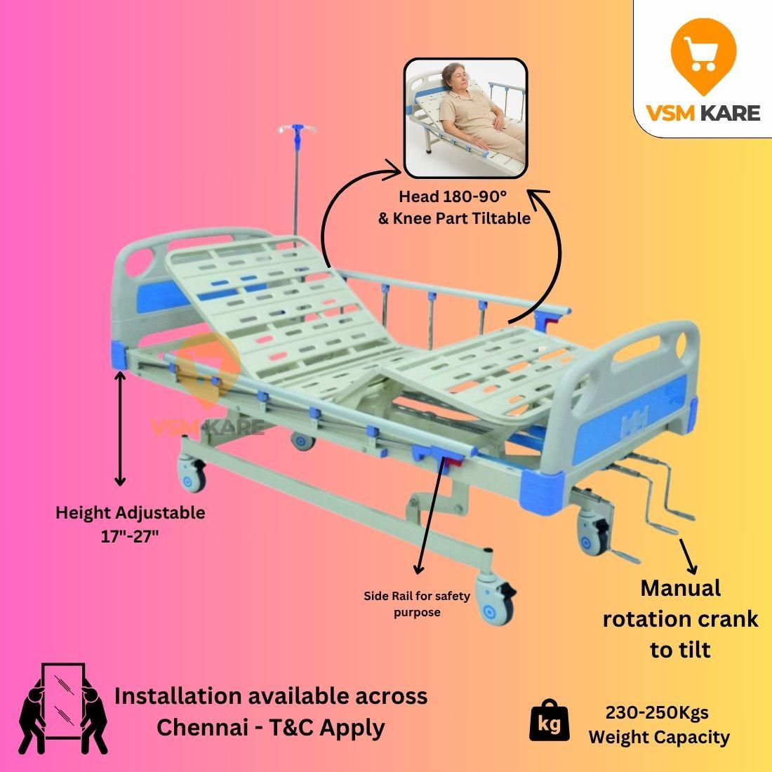 3 Function Fowler Cot for Home/Hospital - Manual Cot | Backrest Elevation, Knee Rest Elevation, Height Adjustment