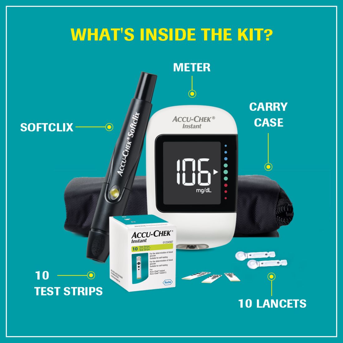 AccuChek Instant Blood Glucometer Kit with FREE 10 Strips + 10 Lancets + 1 Lancing Device