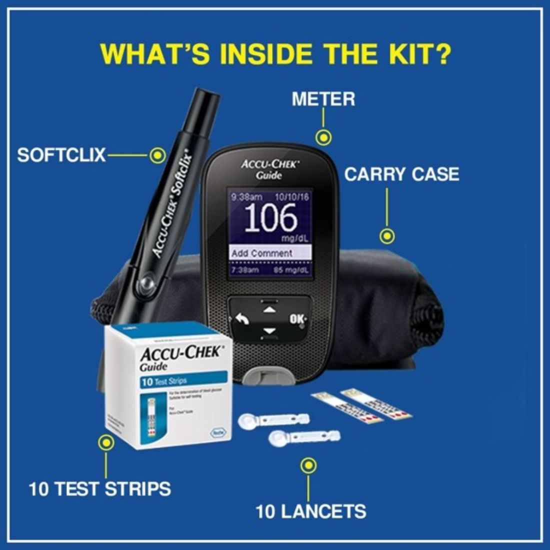 AccuChek Guide Blood Glucometer Kit with FREE 10 Strips + 10 Lancets + 1 Lancing Device | For Accurate Blood Sugar Testing