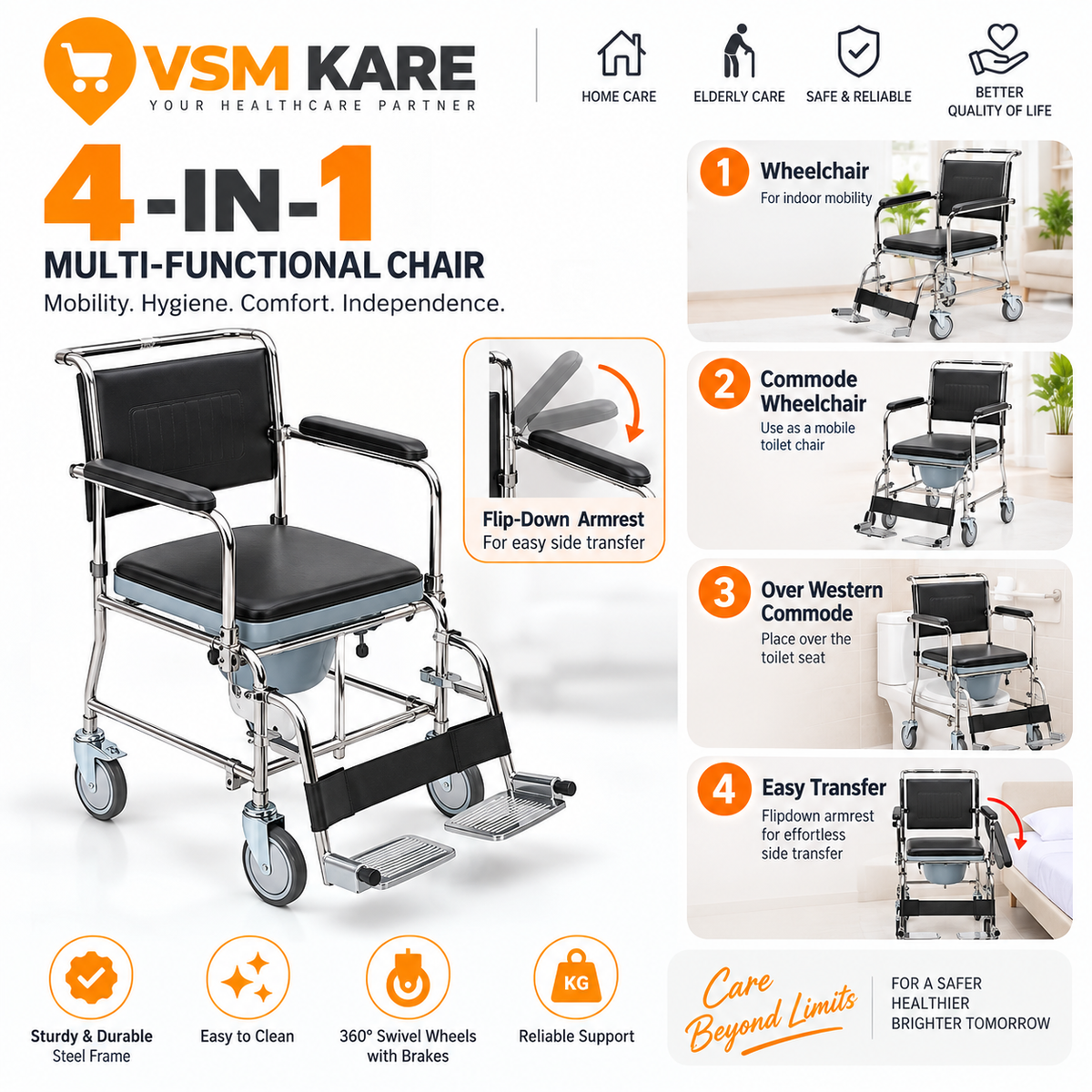 Commode Wheelchair with 5" Solid Castor Wheels & Chromed Steel Frame | Flip Down Arm Rest