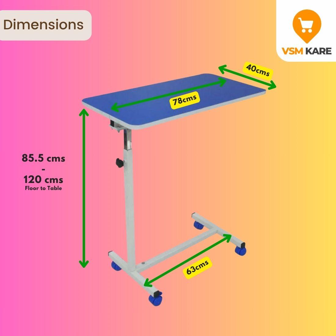 Dimension of overbed food table at best price in Chennai _ VSM Kare