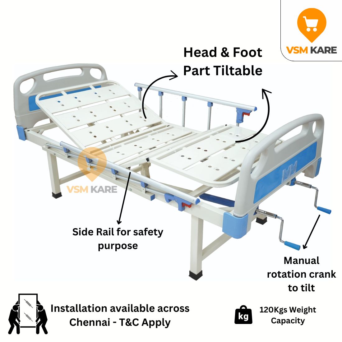 Premium Double fowler Cot for Home/Hospital with Side railing & IV Stand (Manual Cots)