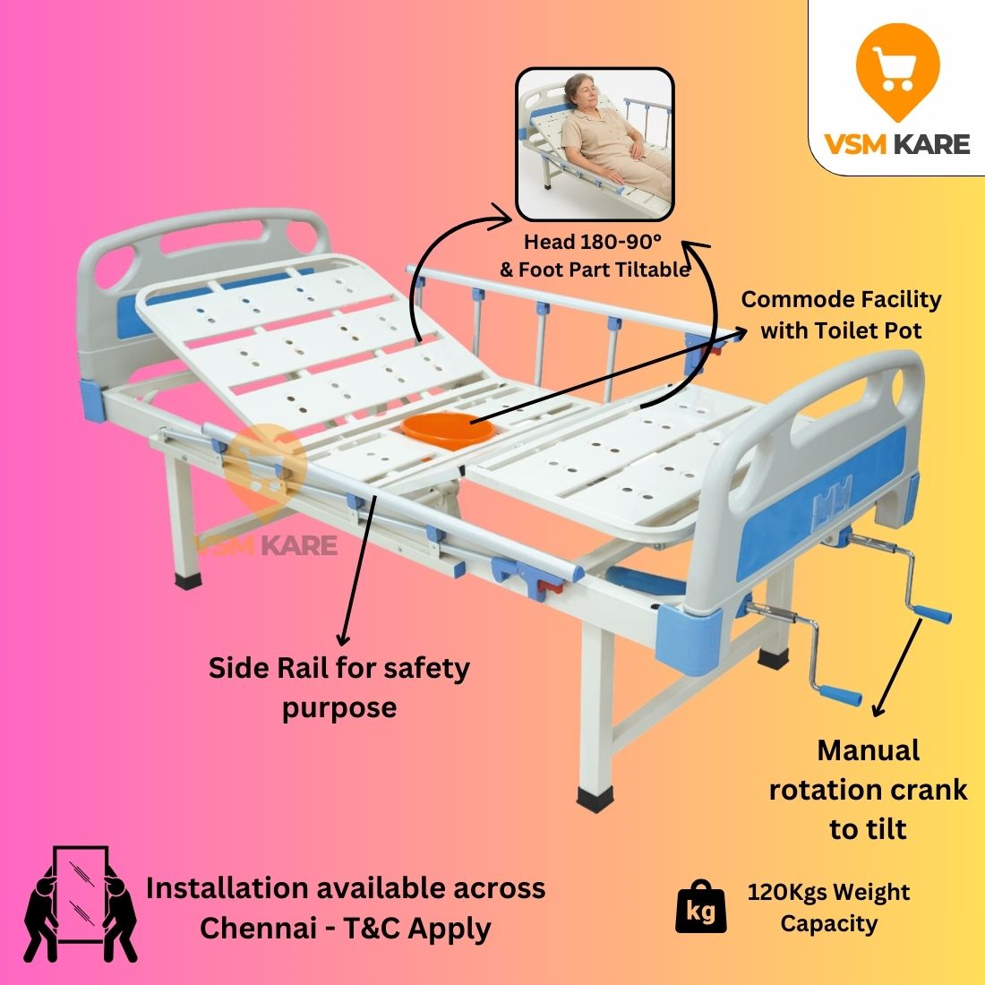 Premium Double fowler Commode Cot for Home/Hospital with Side railing & IV Stand (Manual Cots)