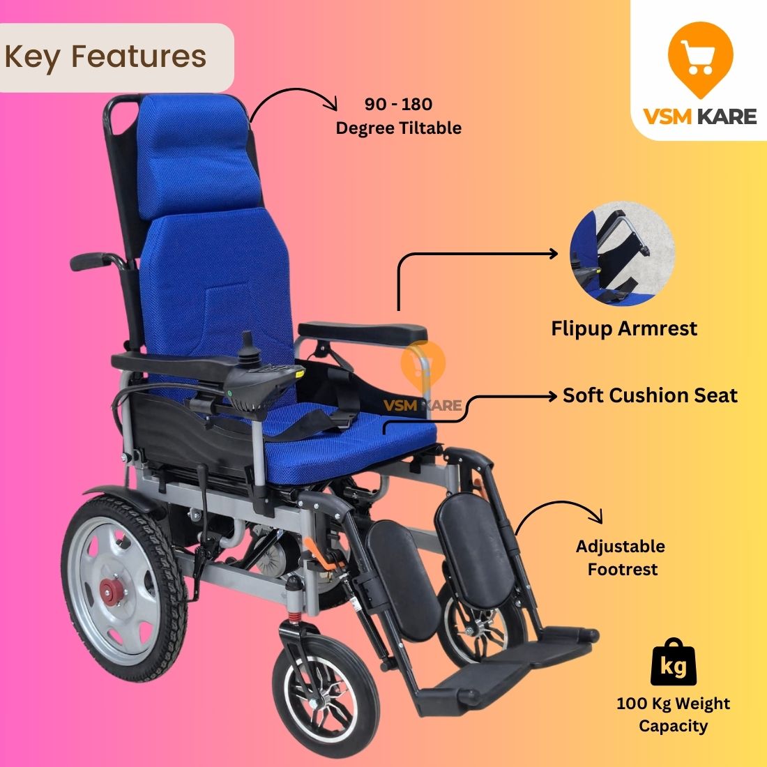 Recliner Electric Wheel chair - Foldable Motorised Wheel chair | Wheel chair with 1 Year Warranty on Joystick & Motor