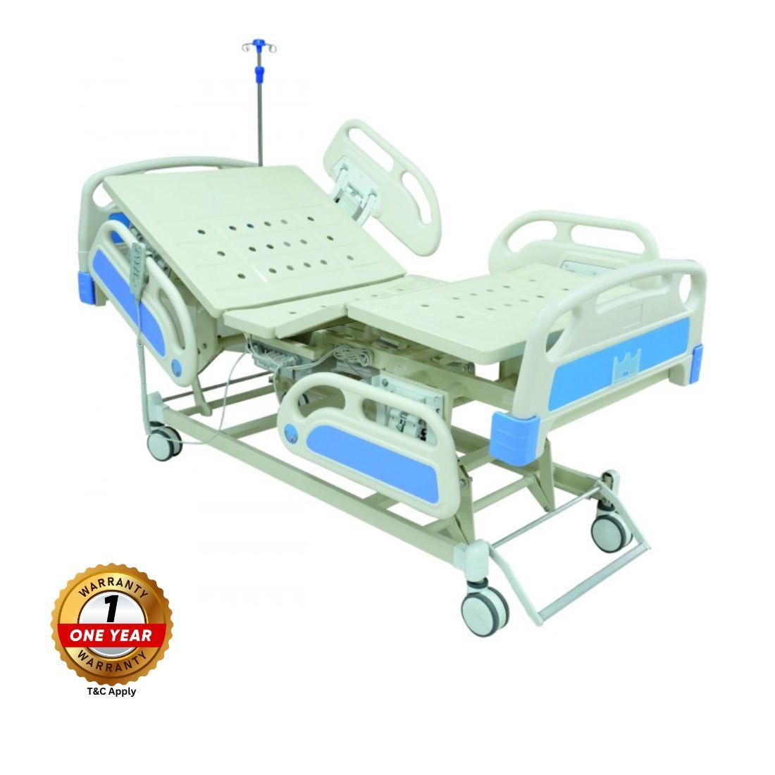 Electric 5 Function fowler Cot for Home/Hospital with ABS Side railing, Central Locking Wheels & IV Stand (Motorised Cots)