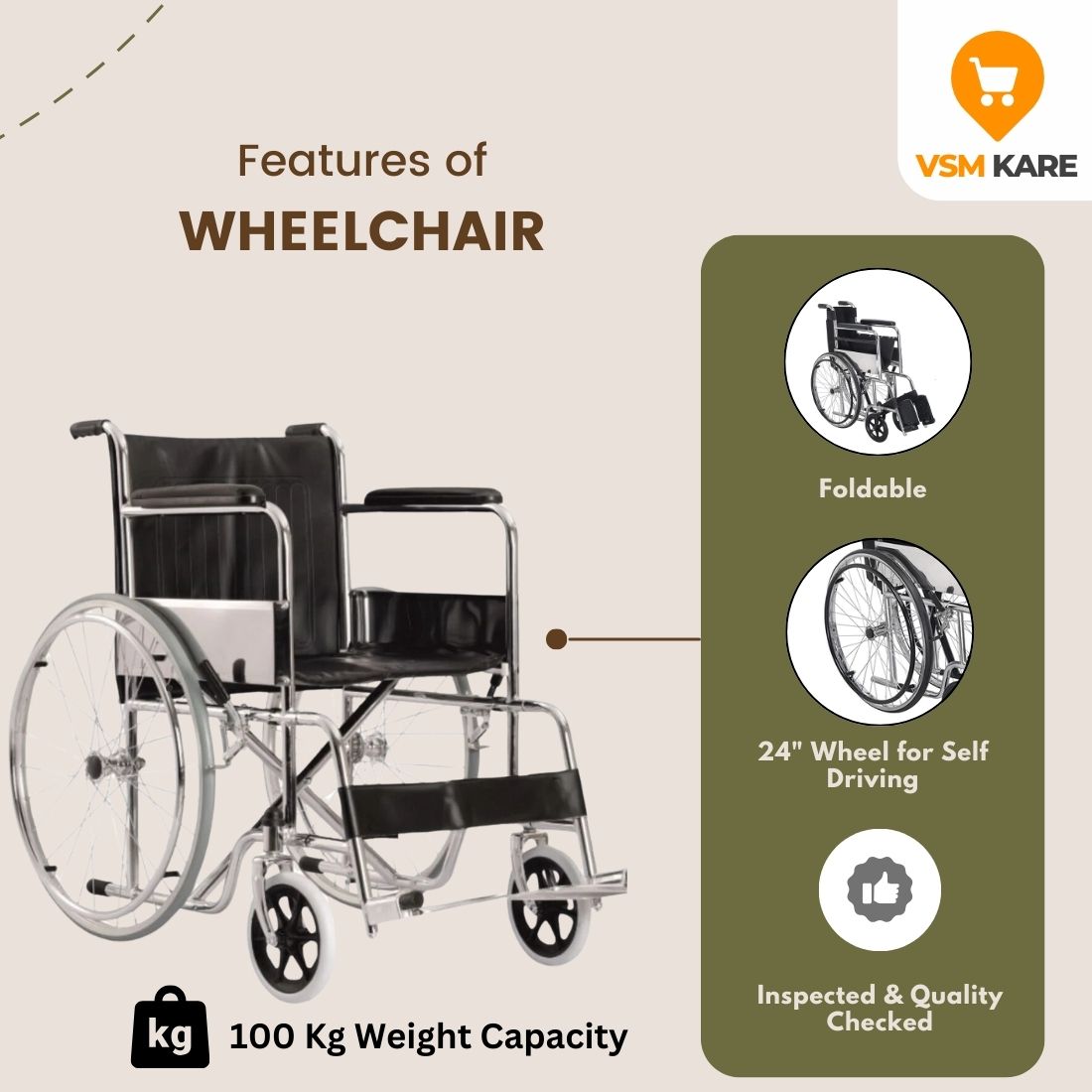 மடிக்கக்கூடிய செல்ஃப் டிரைவ் சக்கர நாற்காலி - குரோம் பூசப்பட்ட ஸ்டீல் சக்கர நாற்காலி