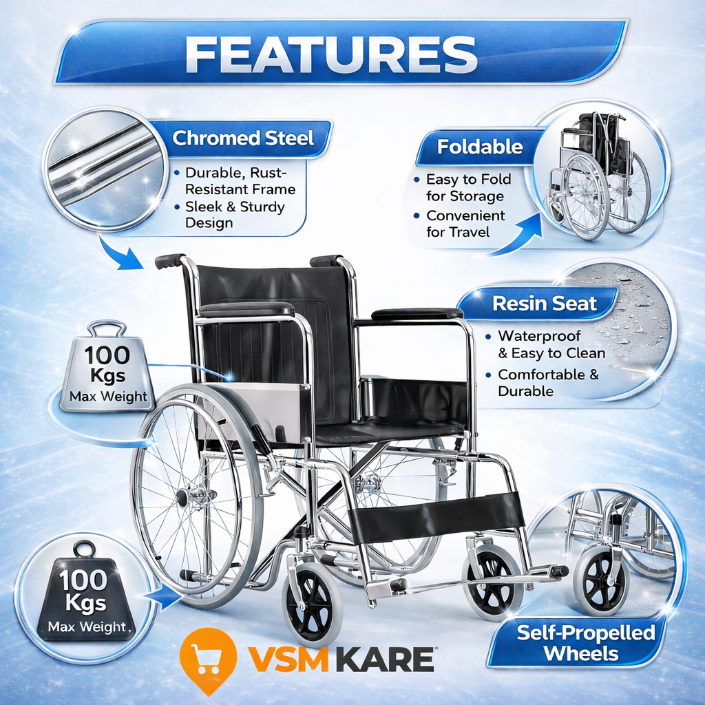 Wheelchair with features highlighted on a blue background, including chromed steel frame, foldable design, resin seat, and self-propelled wheels.