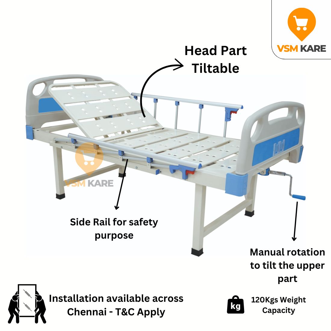 Premium Semi fowler Cot for Home/Hospital with Side railing & IV Stand (Manual Cots)