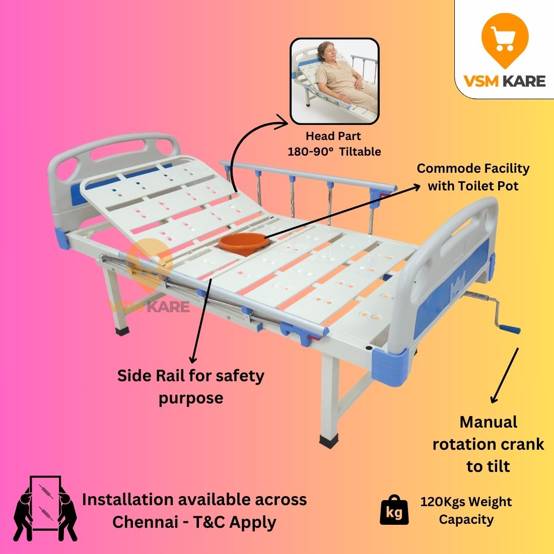 Premium Home/Hospital Semi fowler Cot for with Commode/Toilet Pot, Side railing & IV Stand (Manual Cots)