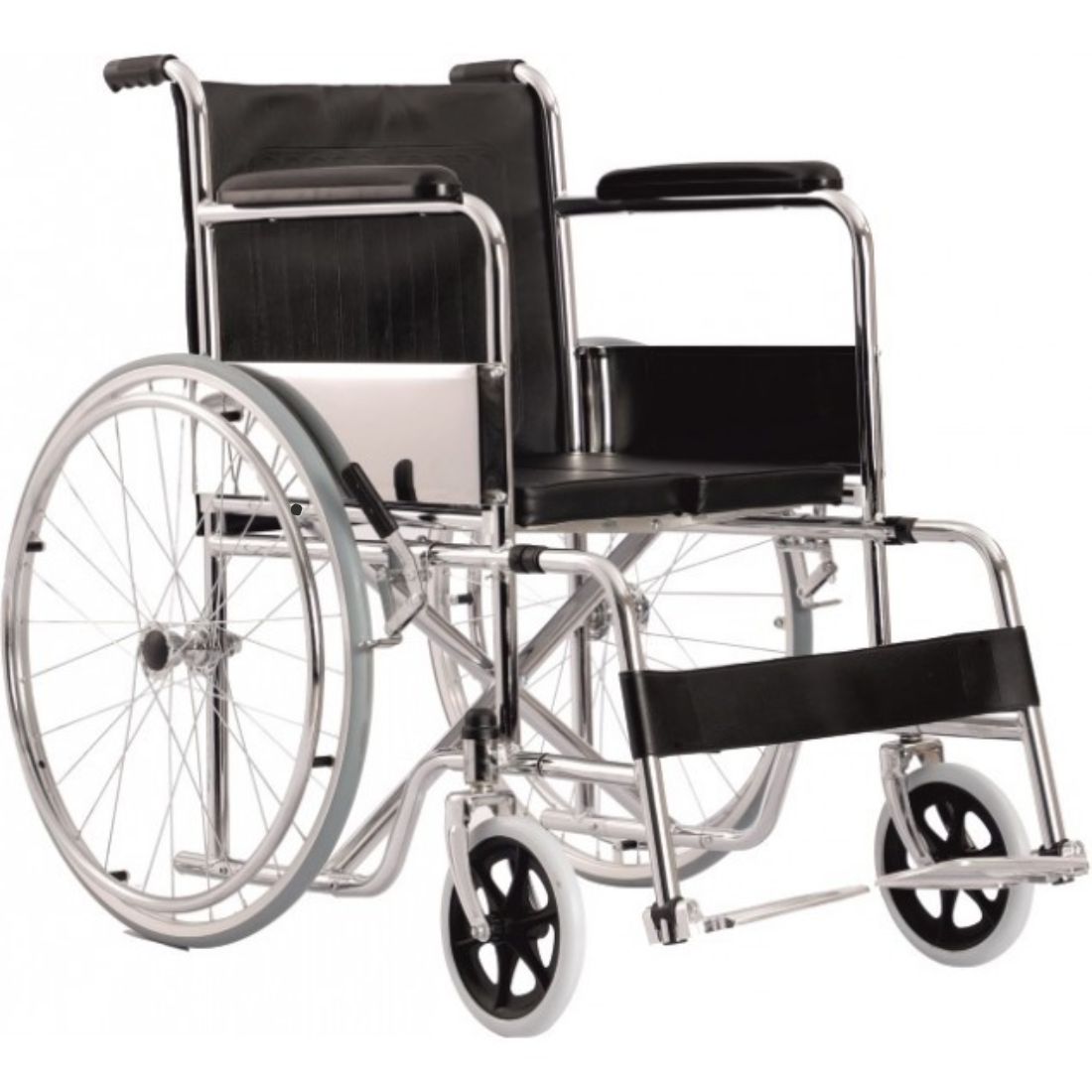 A silver-colored manual wheelchair with black cushion seat and armrests, featuring a chromed steel frame and solid castor wheels.