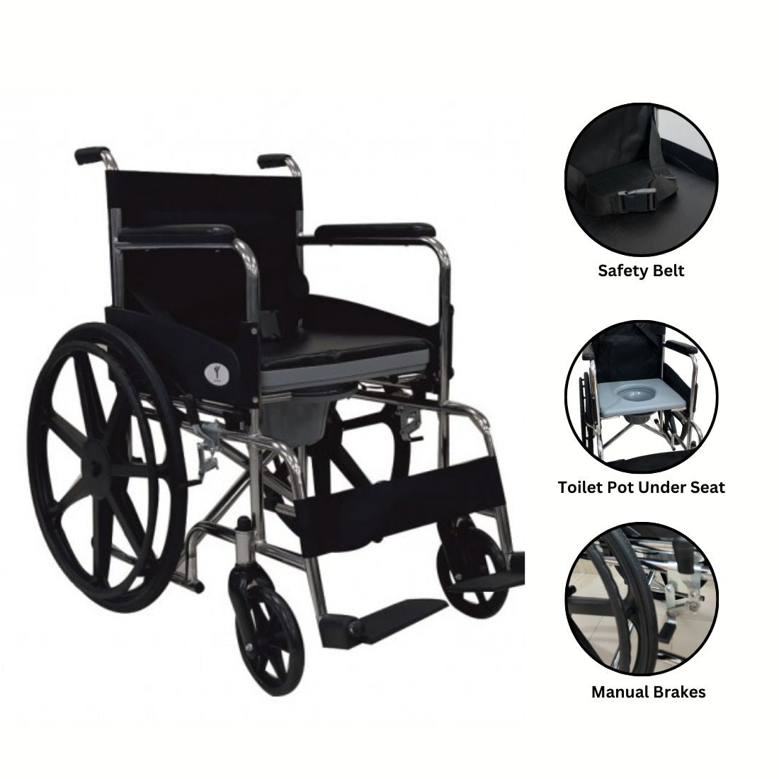 foldable wheel chair with toilet pot, safety belt, & manual brakes