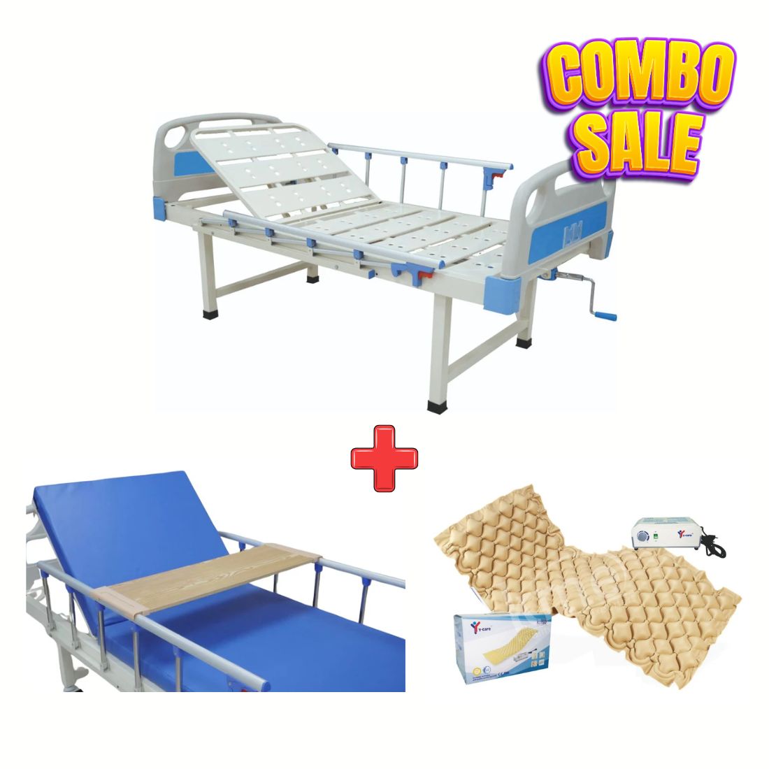 Premium Semi fowler Cot with Mattress, Food Tray & Air Bed Combo (Including IV Stand, Side Rail & ABS Board)