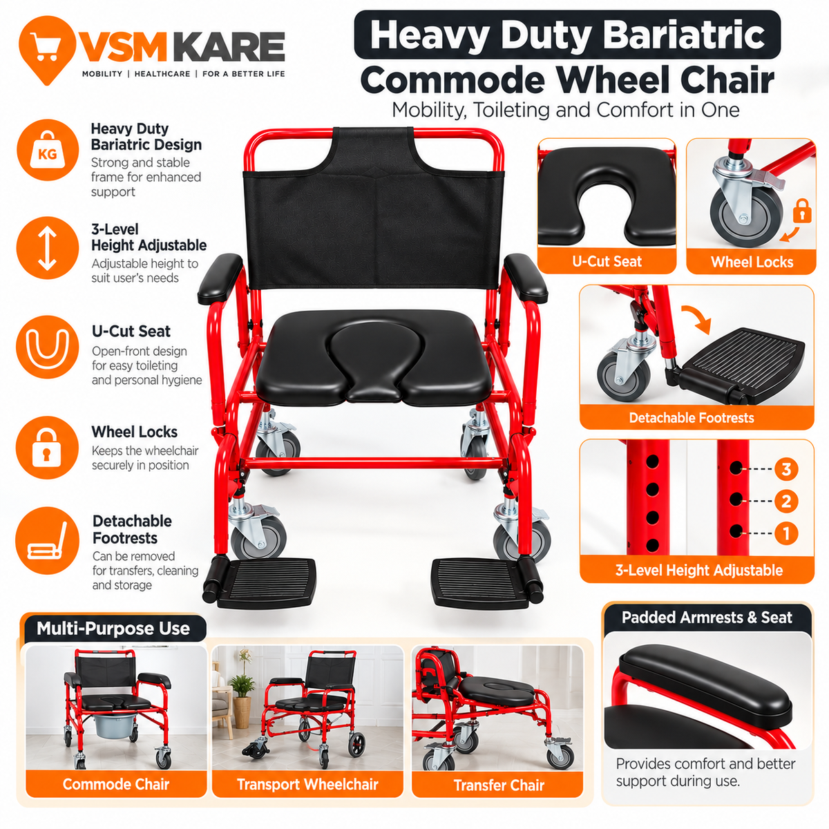 Heavy Duty Bariatric Commode Wheel Chair with Wheel Locks, U-Cut Seat, Removable Handles, Detachable Footrest, 3 Level Height Adjustable