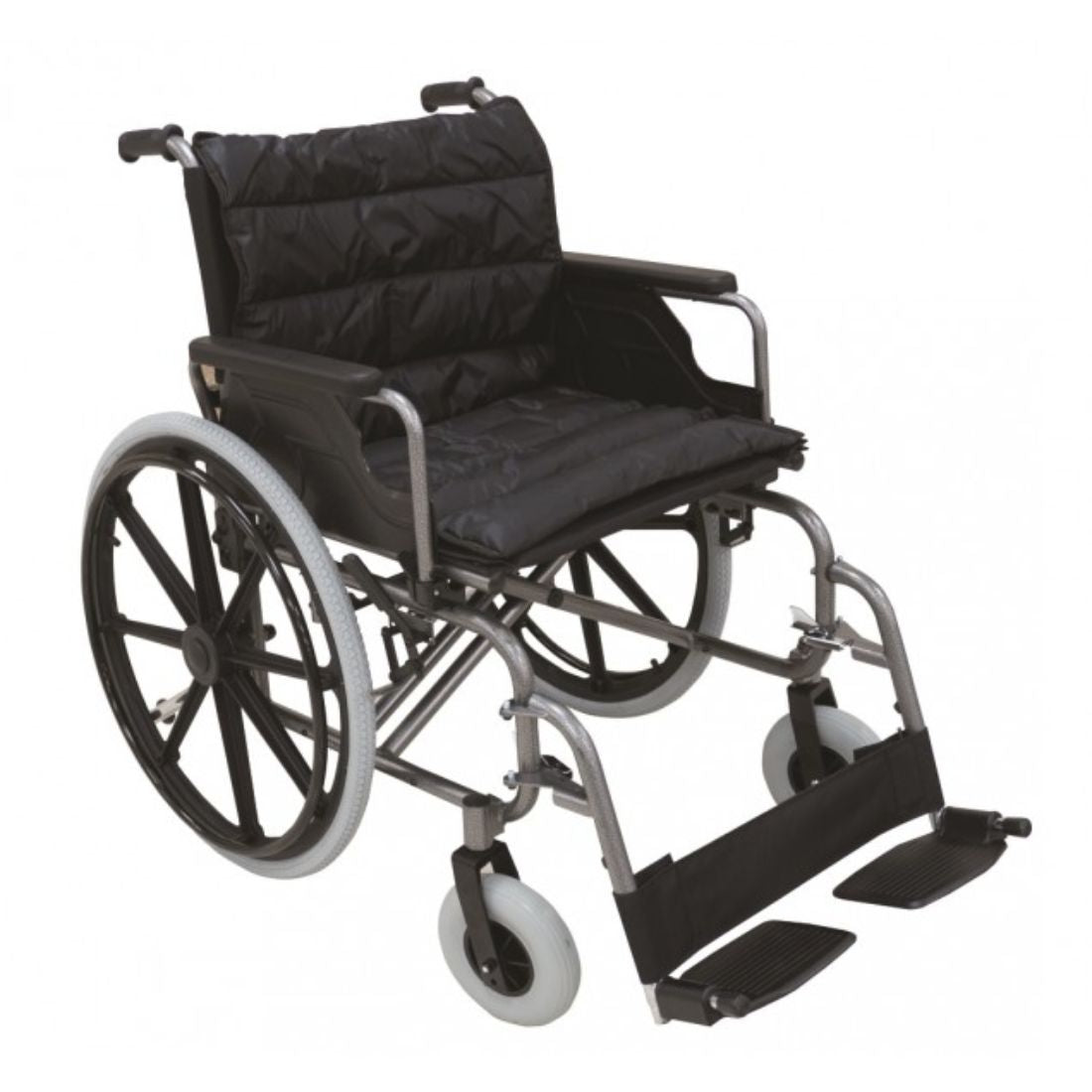A heavy-duty foldable wheelchair with black seat and backrest, silver frame, and white wheels.