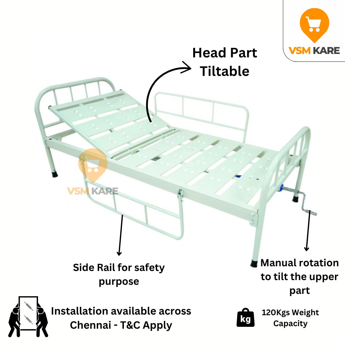 Semi fowler Cot for Home/Hospital with Side railing (Manual Cots)