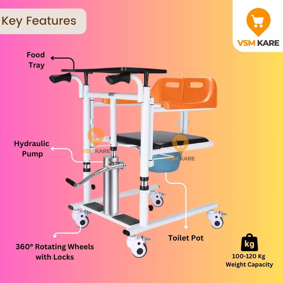 Features of patient lift transfer wheelchair