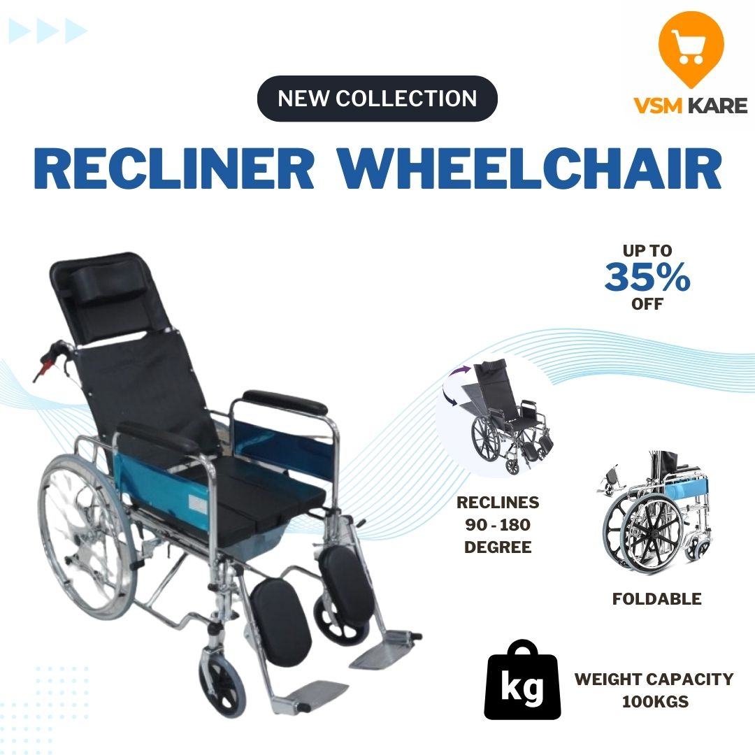 கமோடுடன் கூடிய ரெக்லைனர் சக்கர நாற்காலி, மடிக்கக்கூடிய ரெக்லைனர் சக்கர நாற்காலி, குரோம் பூசப்பட்ட எஃகு