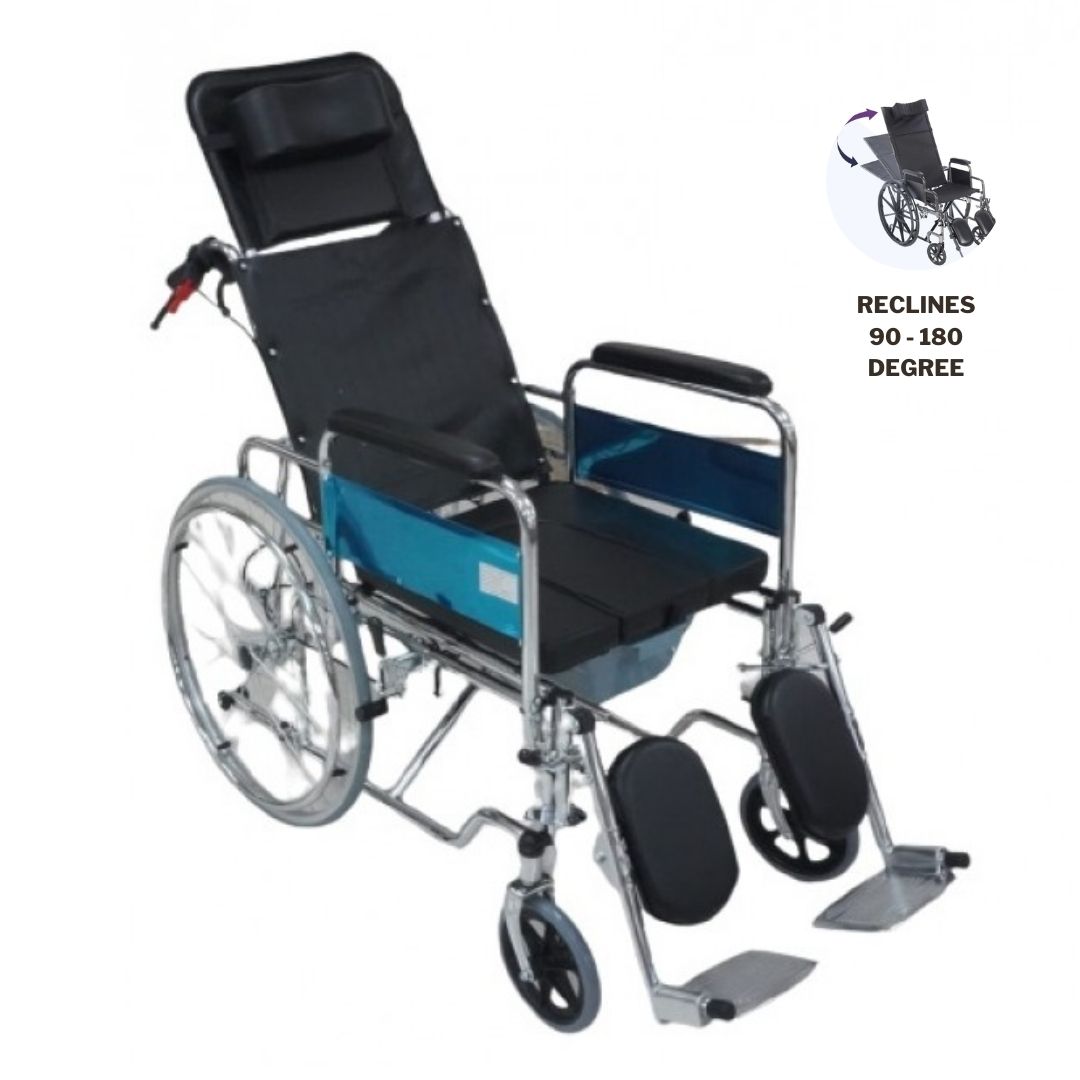 Recliner Wheelchair with U cut Commode Seat, Foldable Recliner Bed type Wheelchair, with Attender Brake