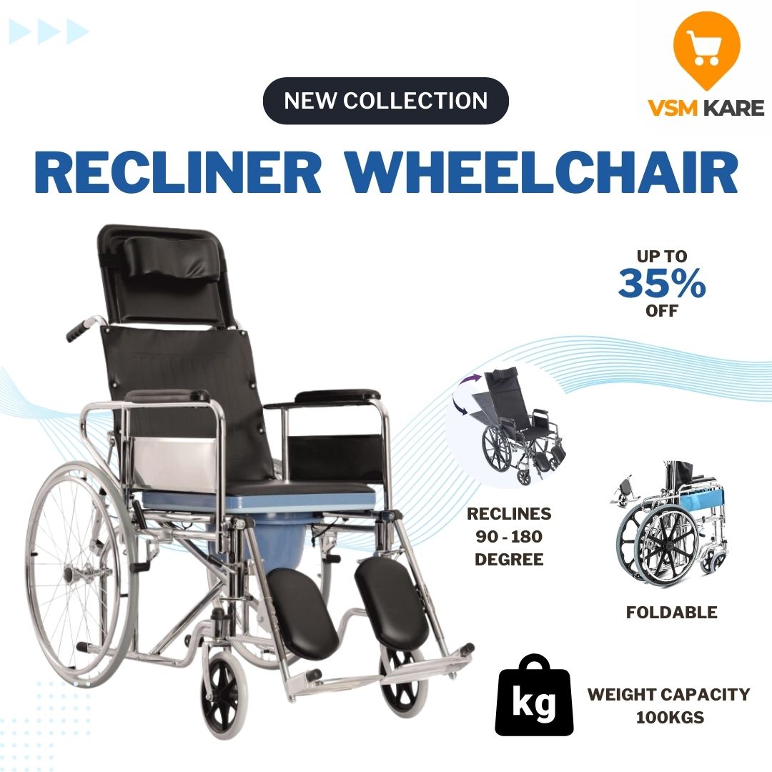 Reclining foldable wheelchair with commode or toilet pot which reclines 90-180 degree with weight capacity of 100kgs