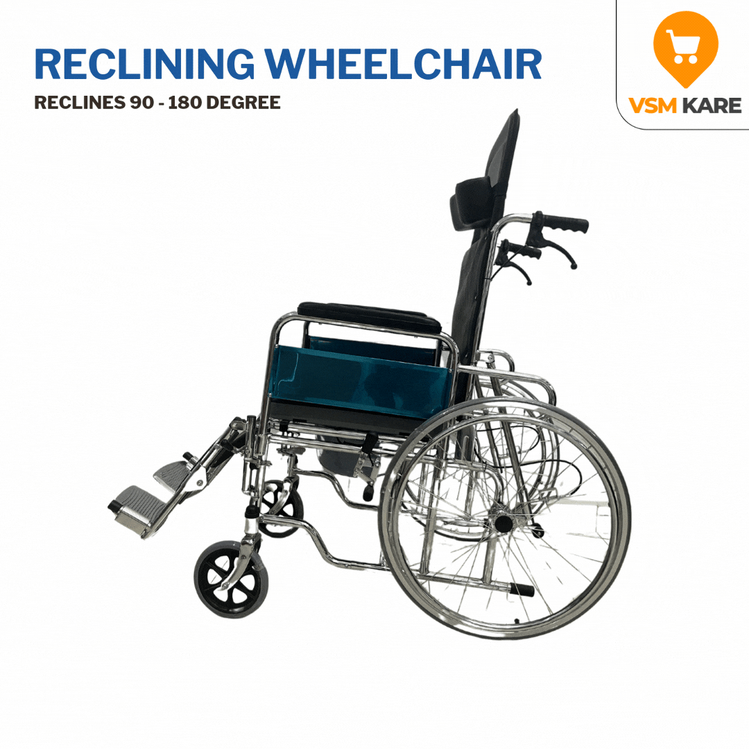 Reclining commode wheelchair which recliner 90 - 180 degree