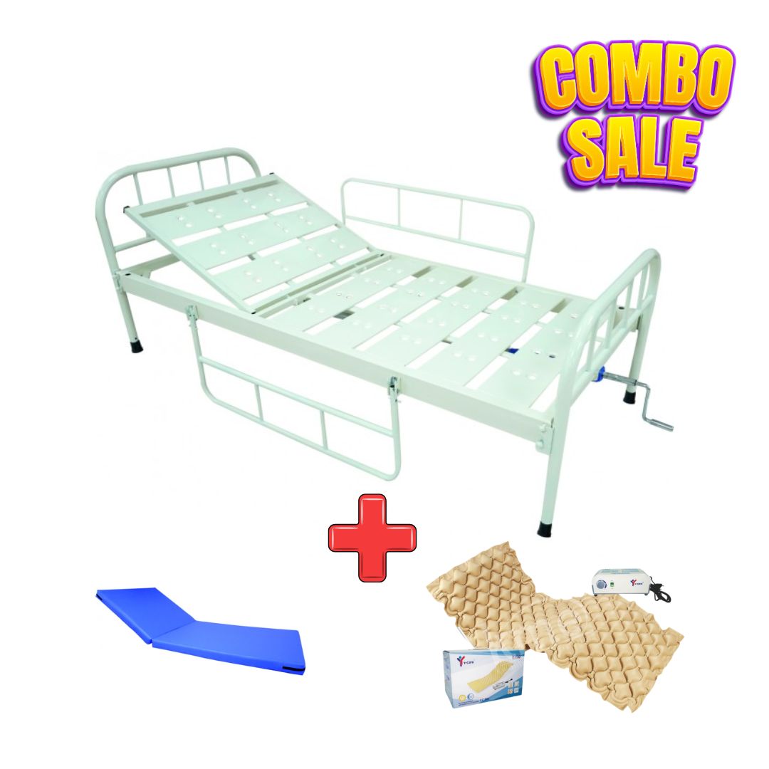 Semi fowler Cot for Home/Hospital with Side railing (Manual Cots) with Air Bed Combo