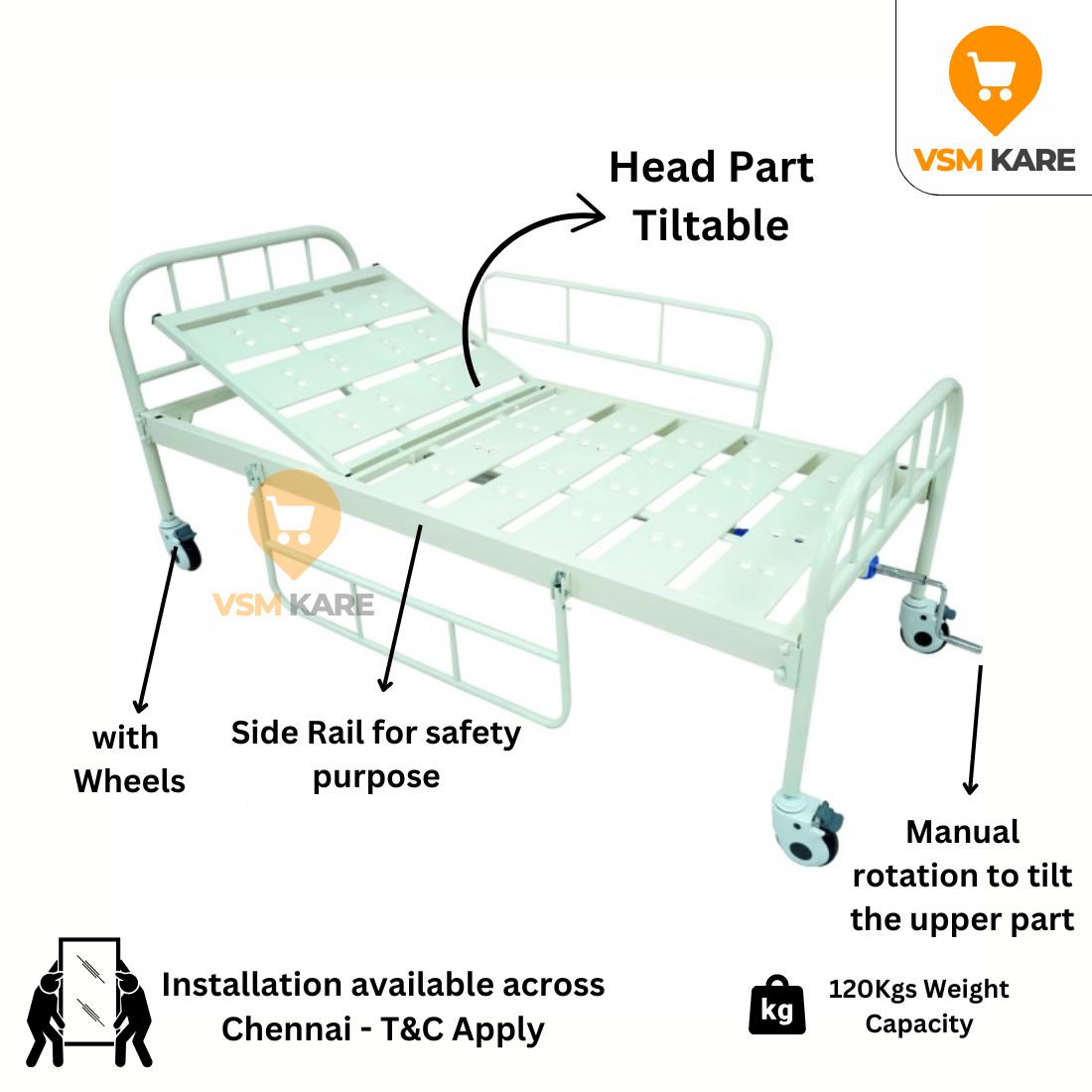 Semi fowler Cot with Wheels for Home/Hospital with Side railing & IV Stand (Manual Cots)