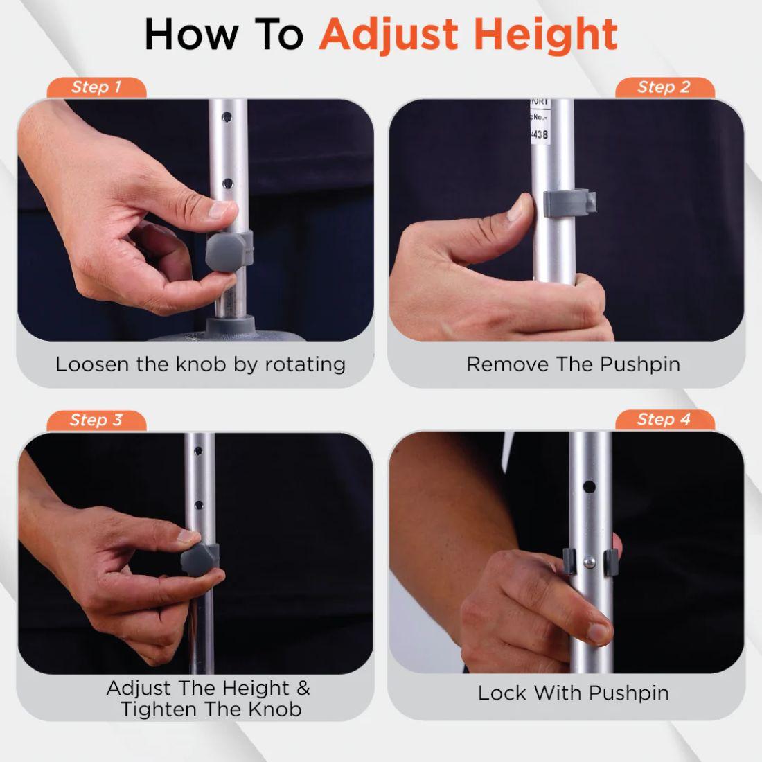 How to adjust the height of elbow crutch stick with tripod base