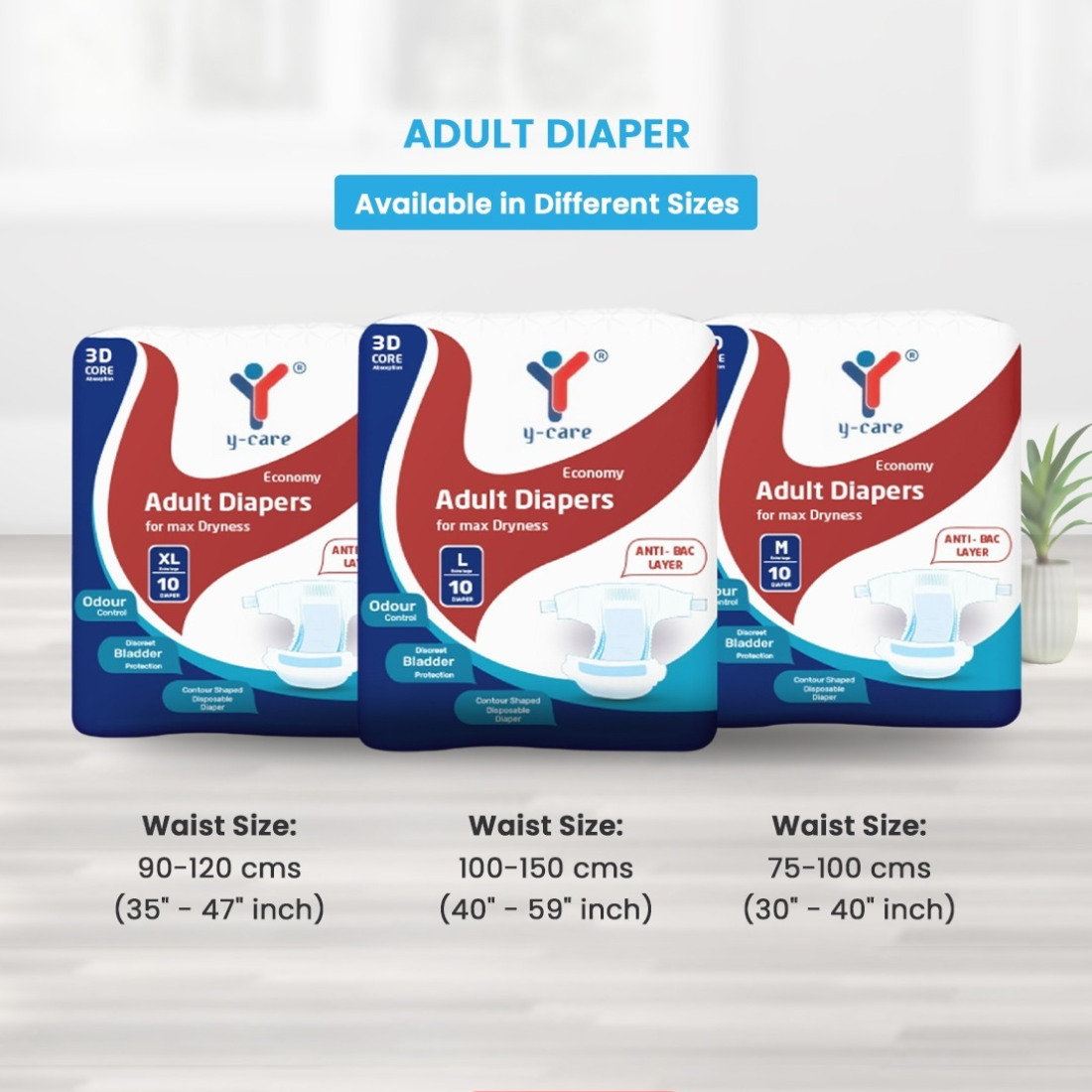 Three packages of Y-Care Adult Diapers with size information on a white background