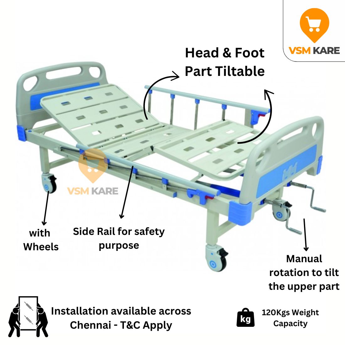 Premium Double fowler Cot with Wheels for Home/Hospital with ABS Side railing & IV Stand (Manual Cots)