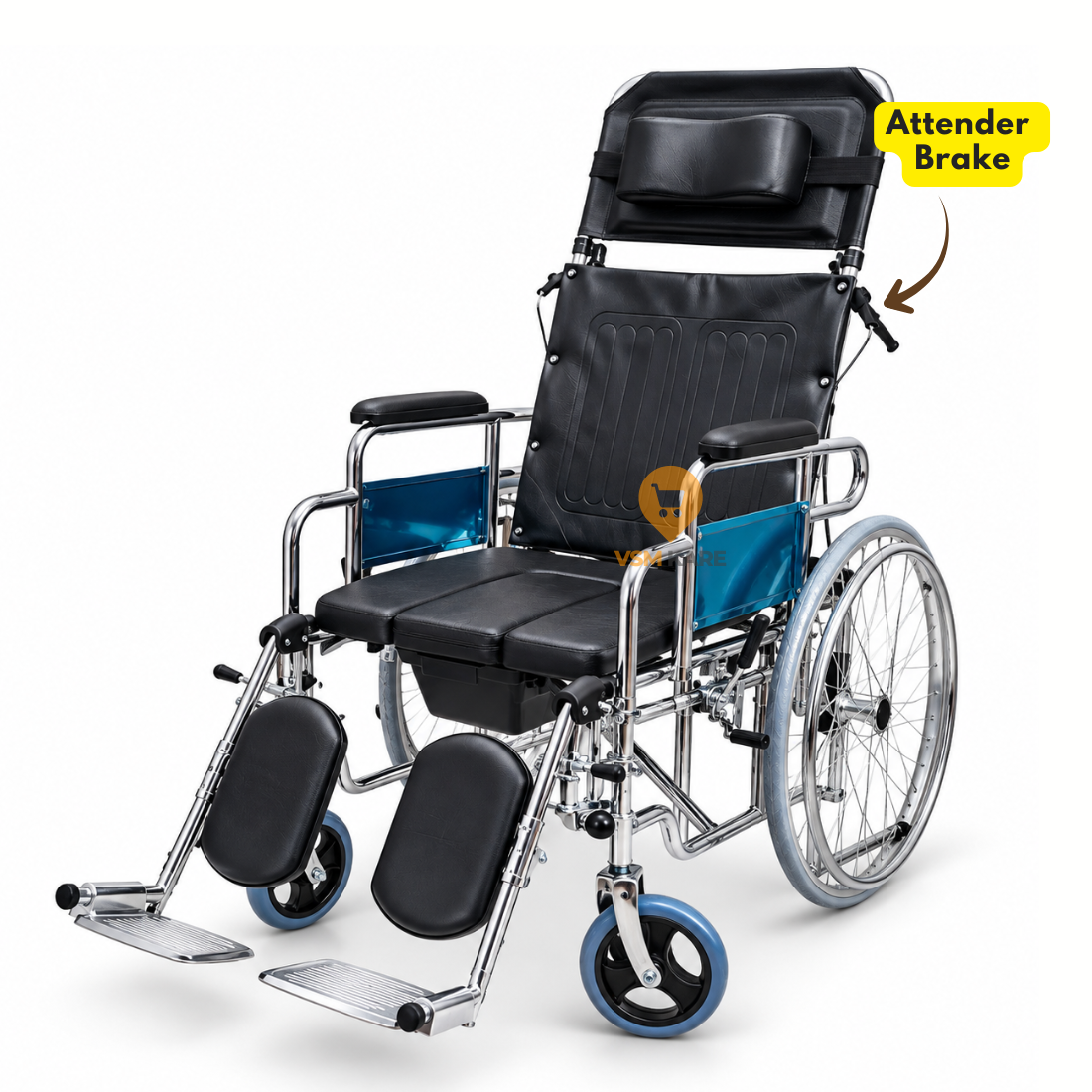 Recliner Wheelchair with U cut Commode Seat, Foldable Recliner Bed type Wheelchair, with Attender Brake