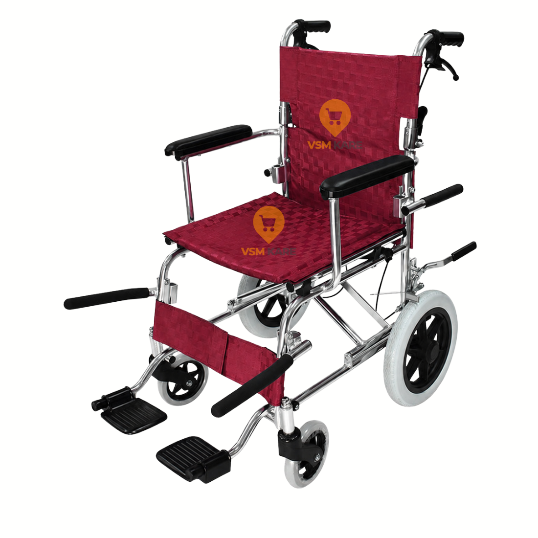A lightweight silver metal folding wheelchair with a burgundy red padded seat and backrest, black armrests, and white-spoked wheels, shown on a plain white background.