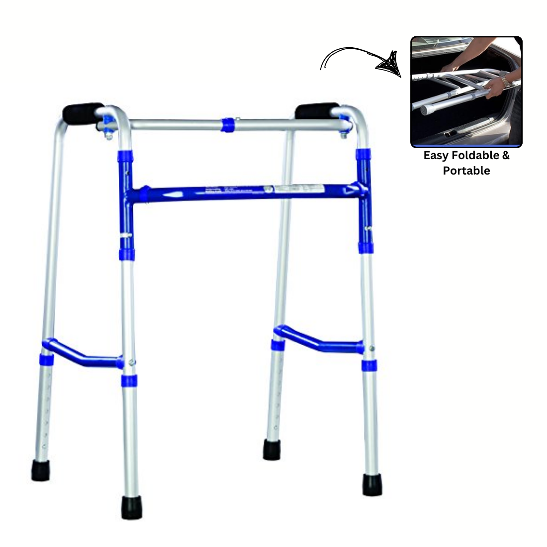 Dyna Rehaid Walker | Walking Frame | Aluminium | Light-weight | Foldable | Easy to Transport | Height Adjustable Silver Color | Supports upto 100kg