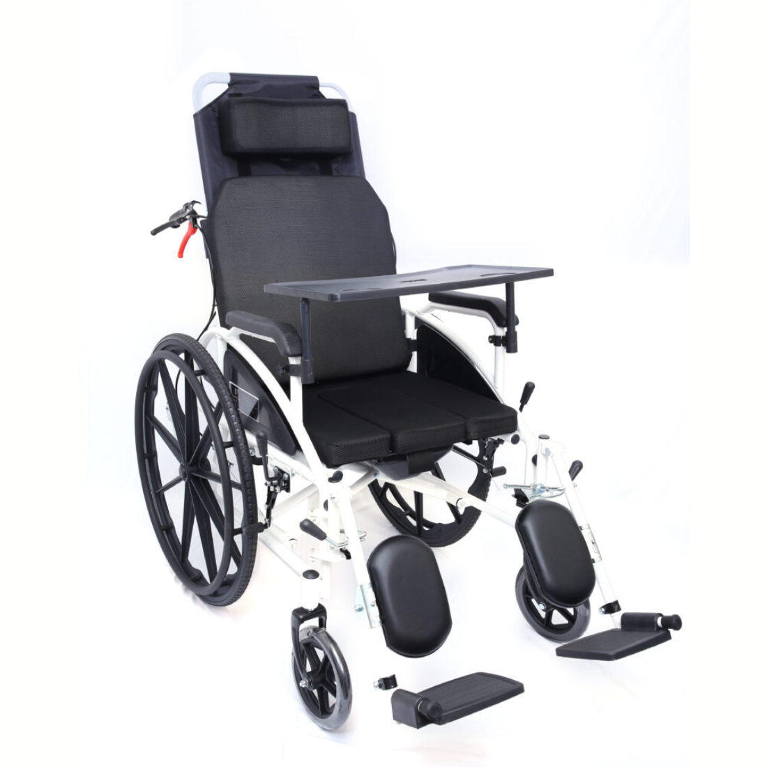 Reclining Commode Wheelchair with U Cut Seat, Food Tray, Adjustable Foot Support & Soft Cushion Seat