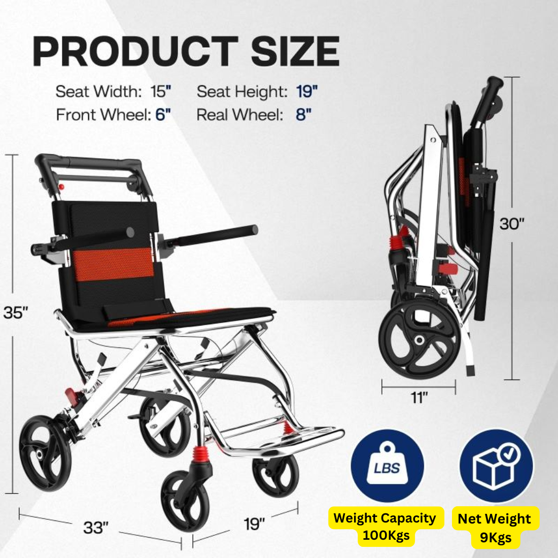 Foldable & Compact Wheelchair with Flip up Side Handles, Brakes