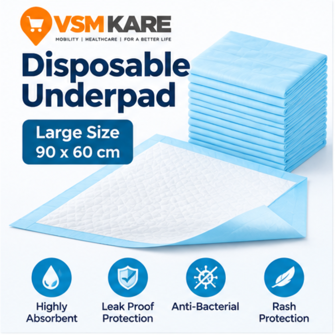 Underpad -Large (90x60cm) | Disposable Underpad, Highly Absorbent, Anti-Bacterial, Rash Protection, Leak Proof