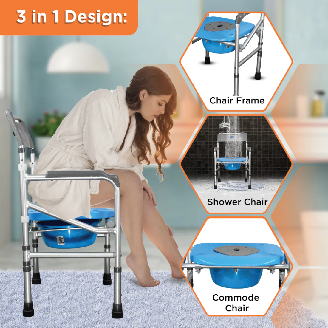 3 in 1 Foldable Commode Shower Chair | Aluminium Commode chair