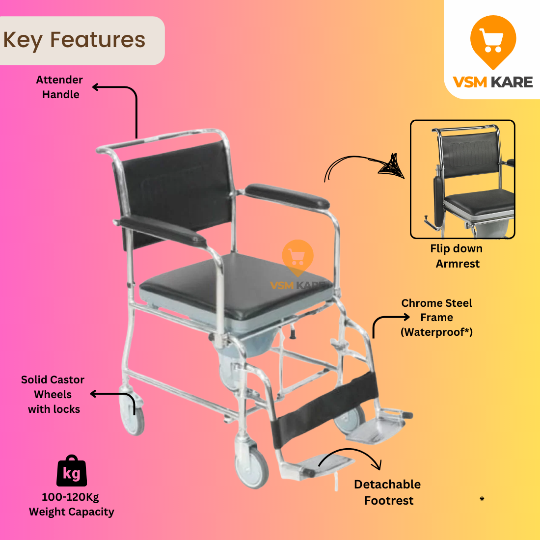 Potty wheelchair with armrest flipdown at best price in India
