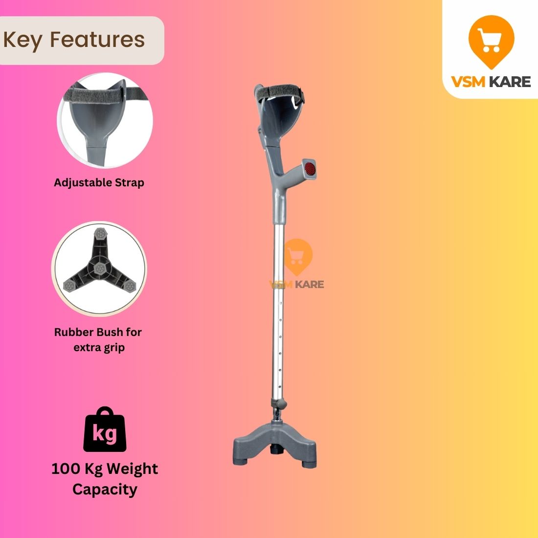 Vissco Astra Max Elbow Crutch Tripod Base With Height Adjustable & Movable Elbow Support, Light Weight