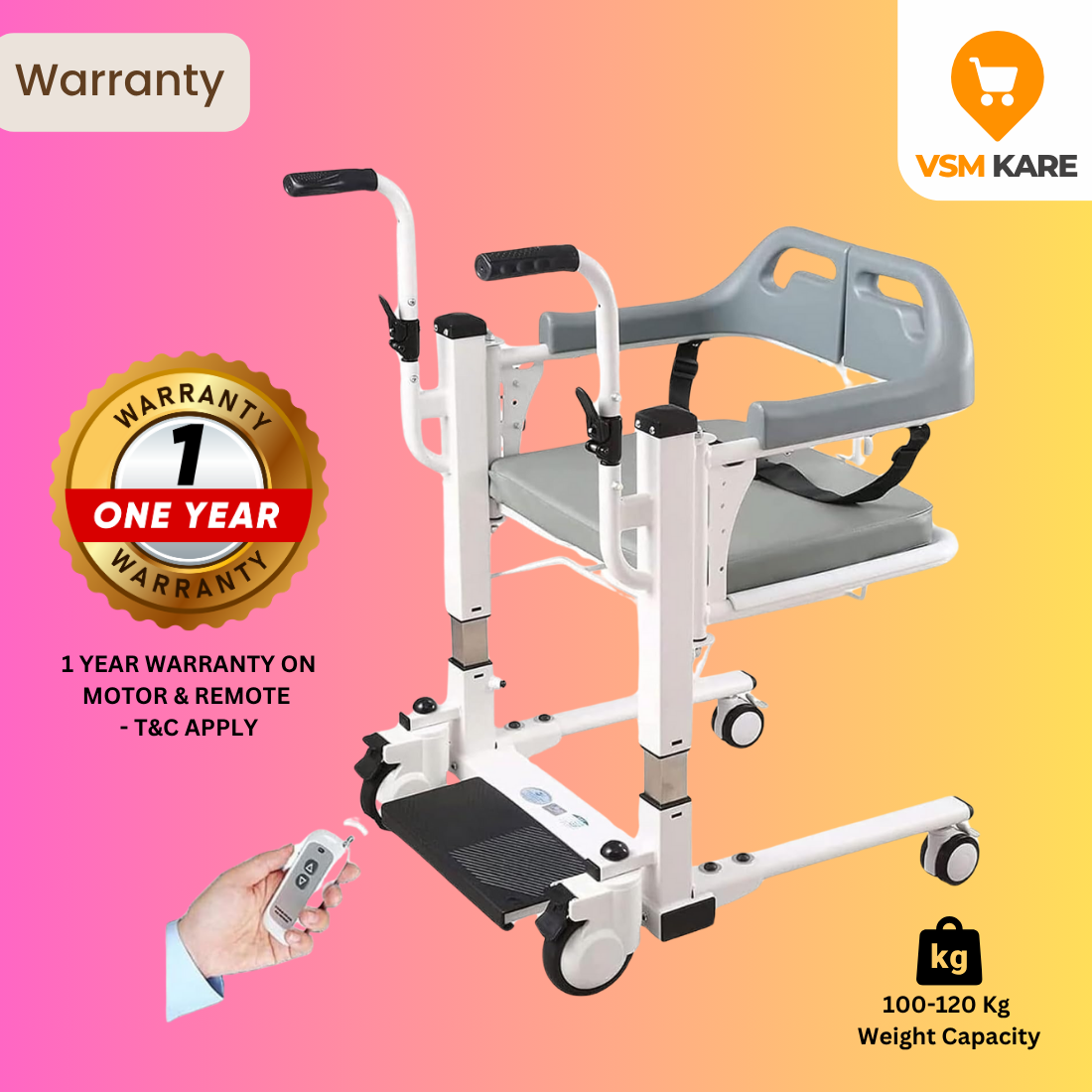 electric height adjustable transfer wheelchair at VSM Kare with 1 Year warranty