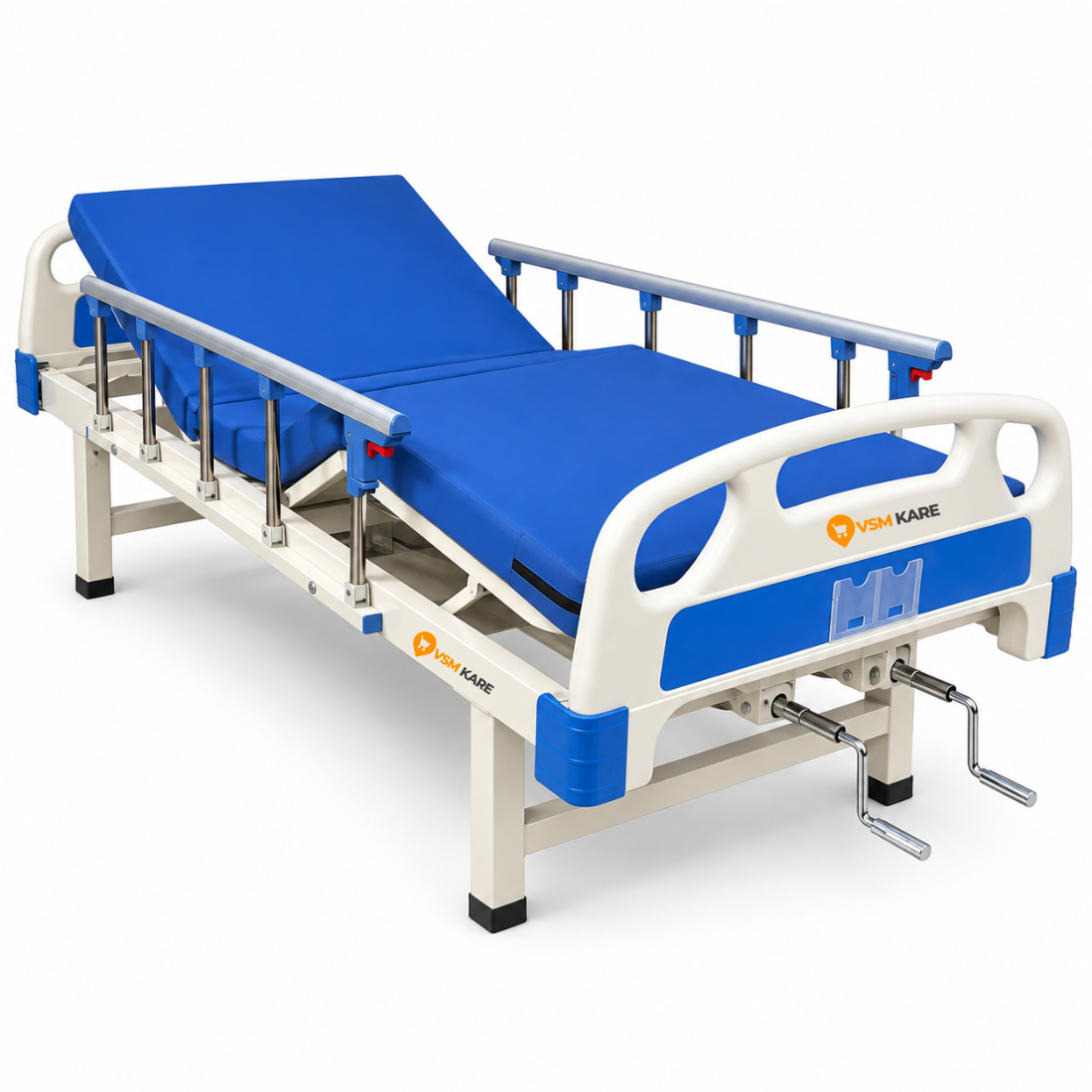 An adjustable hospital bed with a blue mattress, white frame, and blue side rails, shown on a clean white background. The brand name 'VSM Kare' is visible on the headboard and side panel.